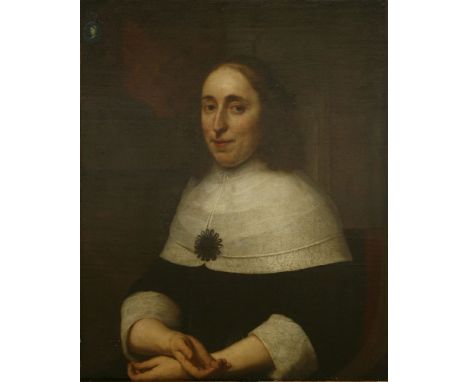 Bartholomeus van der Helst (Dutch, 1613-1670)PORTRAIT OF A LADY, HALF-LENGTH, IN A BLACK DRESS AND WHITE LACE COLLAR AND SLEE