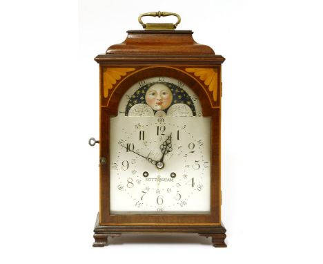 A small inlaid mahogany bracket clock,late 19th century, the silvered dial inscribed 'Shepperley, Nottingham', with a moon ro