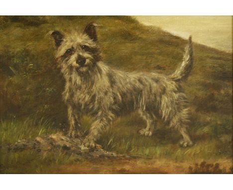 ...Barber (19th century)A TERRIER IN A LANDSCAPEIndistinctly signed l.l., oil on panel23 x 30cm