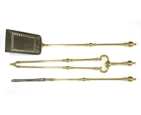 A set of brass and steel fire tools, 73.5cm longest