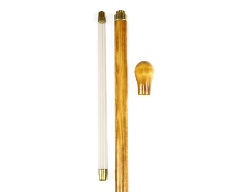 A post-war malacca walking stick,with a brass ferrule, the knop unscrews to reveal a fine glass tube with a cork and two thim