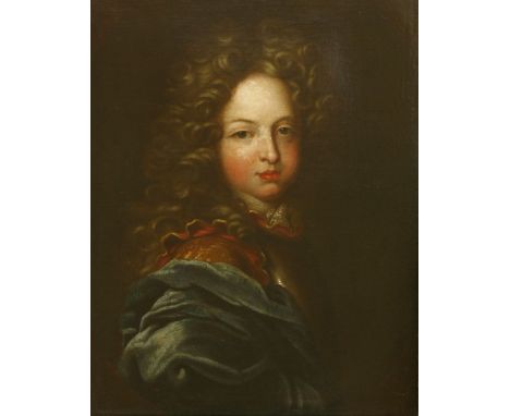 Follower of Alexis-Simon BellePORTRAIT OF A YOUNG NOBLEMAN, BUST LENGTH IN A BREASTPLATE AND BLUE MANTLEOil on canvas, painte