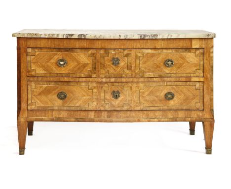 A Northern European marquetry inlaid marble-topped commode chest,c.1860, the serpentine front with brass ring handles and all