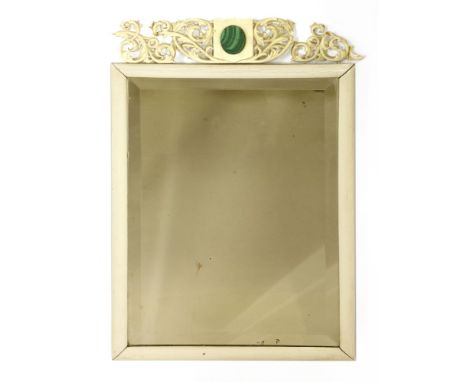 A Victorian ivory easel mirror,the scrolled and pierced top centred with a malachite panel, with a bevelled edge mirrored pla