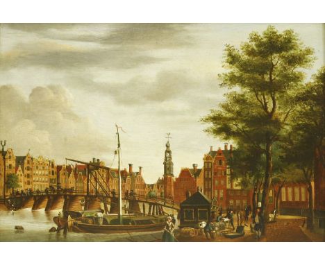 Follower of Isaac Ouwater (Dutch, 1748-1793)A DUTCH CANAL SCENE WITH NUMEROUS FIGURES ON THE QUAYSIDEOil on panel25 x 36cmPro