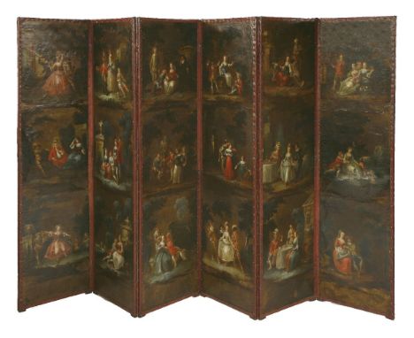 A large six-panel painted leather screen19th century, each panel painted with three scenes after 'Fetes Champetres',each pane