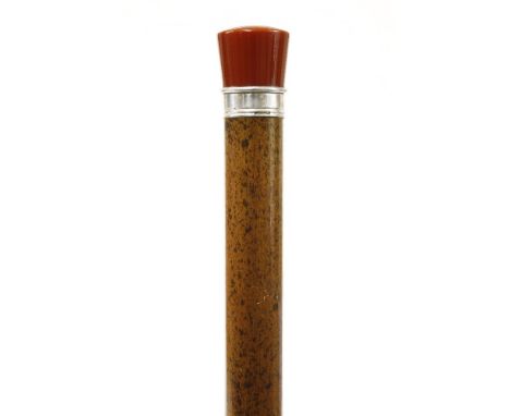 A stout doctor's cane,with an enamelled knob above a silver ring, the knob unscrews to reveal a 12cm round rod that unscrews 