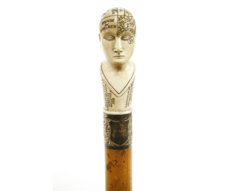 A malacca phrenology walking stick,19th century, with an ivory handle and silver ferrule, Birmingham 1903, the ivory knop car