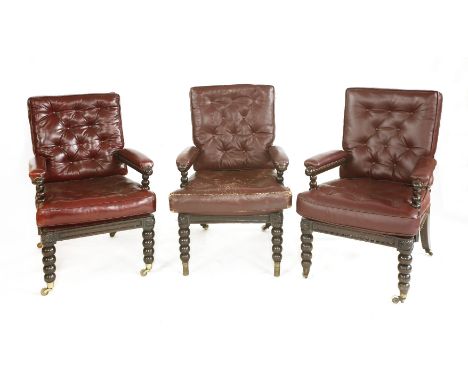 Three late Victorian elbow chairs, with bobbin turned frames and red leather buttoned cushions (3)