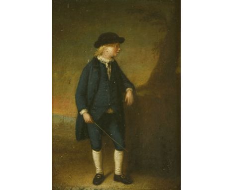 English School, 18th centuryPORTRAIT OF A BOY, STANDING FULL LENGTH, IN A BLUE COATOil on copper 17.5 x 12.5cmProvenance:  Th