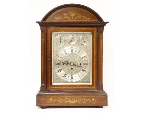 An Edwardian inlaid mahogany bracket clock,the engraved silvered dial with three subsidiary dials, for strike/silent, Westmin