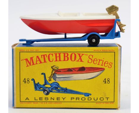 MATCHBOX LESNEY; An original vintage diecast model Matchbox  Lesney No.48 Trailer With Sports Boat. The trailer with black pl