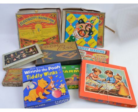 VINTAGE GAMES; A good selection of Edwardian and later toys and games to include Loom Box, Electricity Outfit, Winnie The Poo