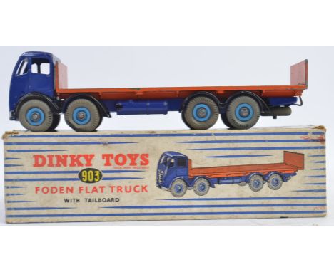 DINKY; An original vintage Dinky Toys 903 Foden Flat Truck. Orange and blue model. Original box. 