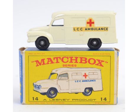 MATCHBOX LESNEY; An original vintage diecast model Matchbox  Lesney No.14 Lomas Ambulance. Black plastic wheels.  Within the 