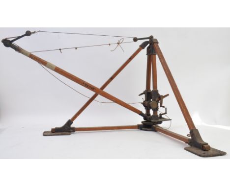 1930's CRANE: An original vintage Vetux large "A" frame stationary Crane consisting of large cast metal base and mechanism, c