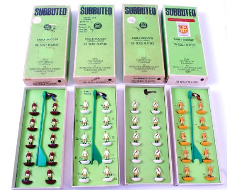 SUBBUTEO; A collection of x vintage early boxed Subbuteo table soccer teams comprising of: Manchester City, Leeds 21, AC Mila