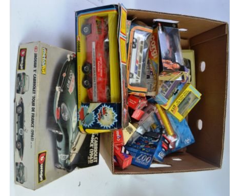DIECAST; A GOOD box of assorted vintage boxed diecast models, to include Burago E Type Jaguar Metalkit, Corgi 1103 Crash Unit