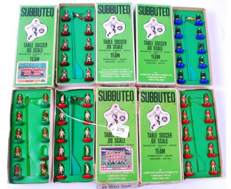 SUBBUTEO; 5x boxed sets of Subbuteo football teams, the boxes being 1970's thin plastic based, comprising of; 319, 4, 74, 58 