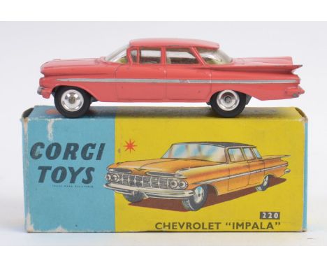 RARE VARIATION CORGI; Vintage Corgi 220 diecast model Chevrolet Impala in pink, with lemon plastic interior. Rare variation. 