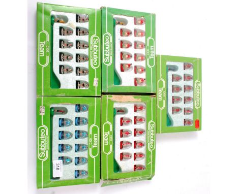 SUBBUTEO; A collection of 5x vintage boxed Subbuteo table soccer teams comprising of: 281, 476, 378, 366 etc.


NOTE: From a 