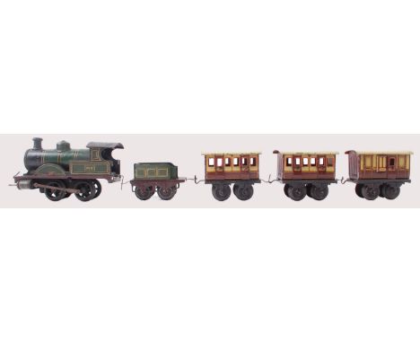 BING; An early 20th century Bing clockwork 0-4-0 railway 0 Gauge locomotive and tender finished in green, 3410 to cab. Comple