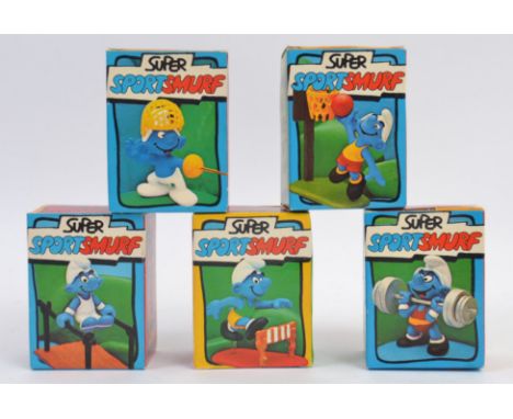 SMURFS; A great collection of 5x vintage original Schleich ' Super Sport Smurf ' figures, each within the original boxes; Fen