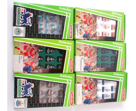 SUBBUTEO; A collection of 6x vintage boxed Subbuteo table soccer teams comprising of: 412, 753, 63815, 776, 63744 and 487.


