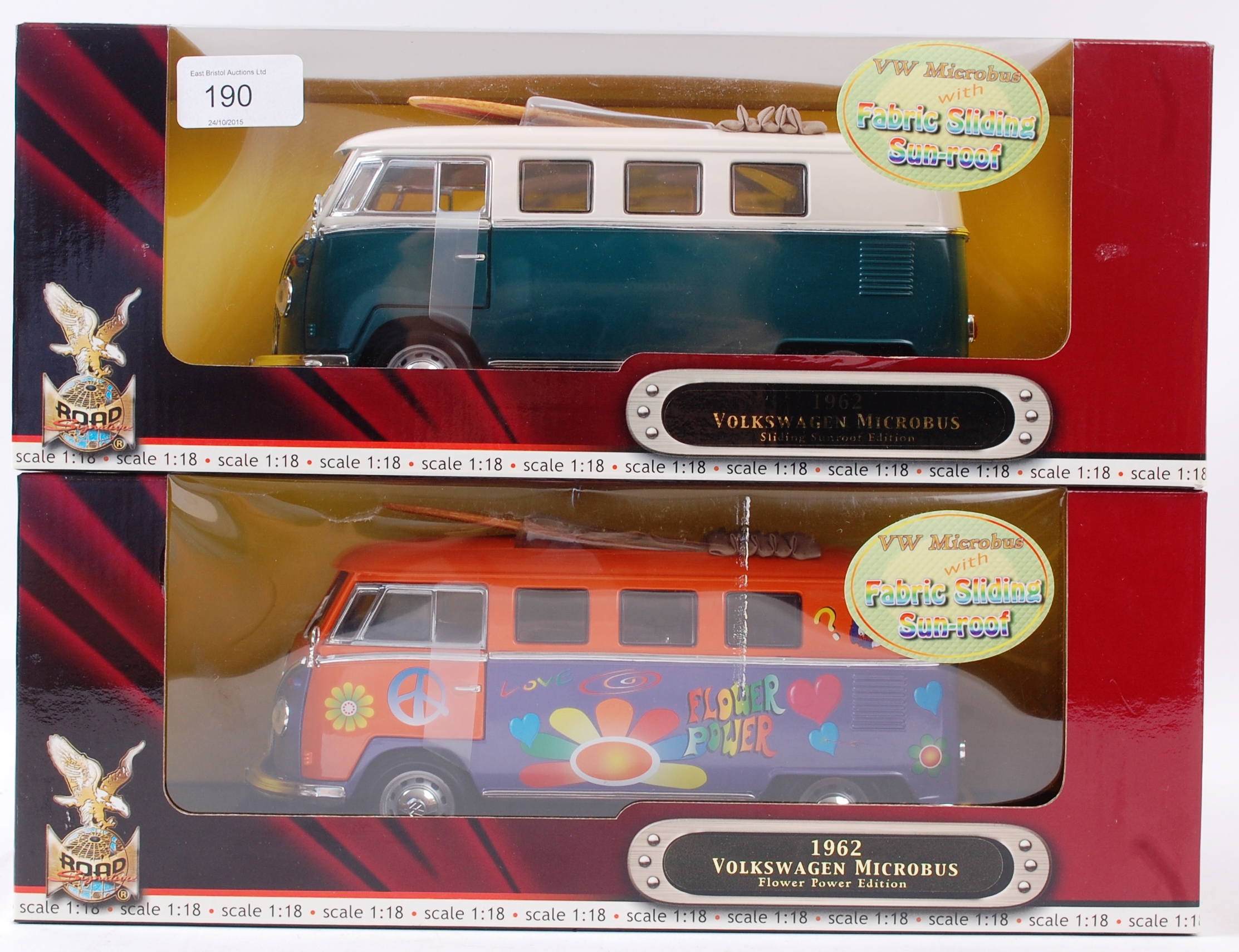 118 SCALE DIECAST; Two original 118 scale Road Signature Volkswagen Camper Van diecast models.