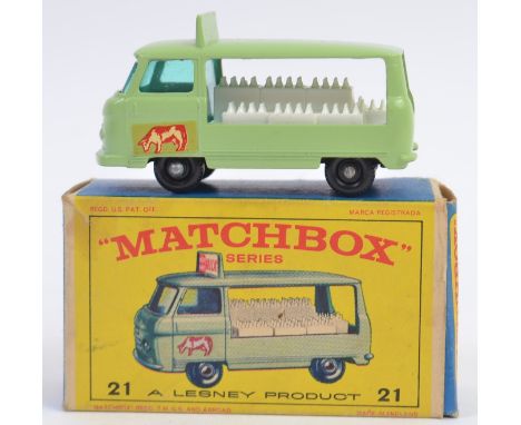 MATCHBOX LESNEY; An original vintage diecast model Matchbox  Lesney No.21 Milk Delivery Truck. Pale green body, cow on door w