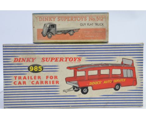 DINKY; Two original vintage EMPTY Dinky Toys diecast boxes - 985 Trailer For Car Carrier and 512 Guy Flat Truck.