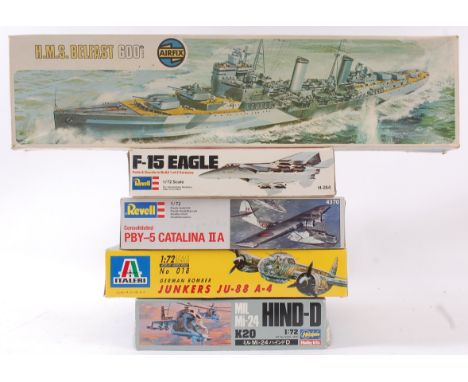 MODEL KITS; A collection of assorted vintage model kits to include Airfix Belfast, Revell F-15 Eagle, PBY-5 Catalina, Italeri