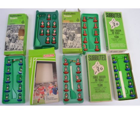 SUBBUTEO; 5x vintage Subbuteo table top football gaming teams, box numbers; 774, 4, 67, 166 and another. Most are complete.