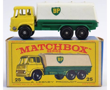 MATCHBOX LESNEY; An original vintage diecast model Matchbox  Lesney No.25 BP Tanker. Black plastic wheels. Within the origina