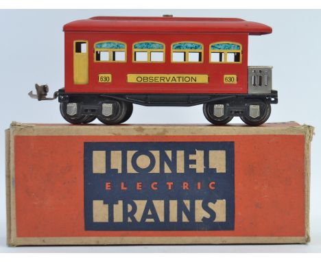 LIONEL TRAINS; An original vintage Lionel Trains 0 gauge tinplate 630 Observation coach. Within the original box.