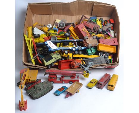 DIECAST; A good large box of assorted vintage diecast to include Corgi Carrimore, Dinky Buses, Matchbox, Husky Batmobile, Sim