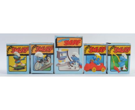 SMURFS; A good collection of 5x vintage Schleich boxed Smurfs, comprising of; Skateboarder, Cyclist, Driver, Fisherman, and P