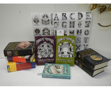 A quantity of books including signed Robert Rankin with signed posters and Harry Potter books