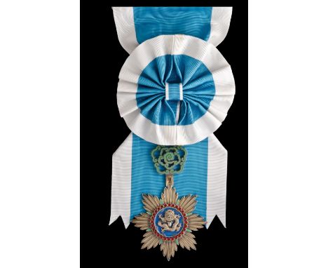 *Manchukuo, Order of the Illustrious Dragon, set of insignia, comprising sash badge, the central border set with 28 red paste
