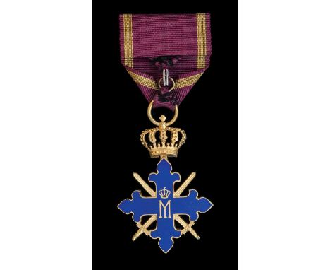 *Romania, Order of Michael the Brave, 1944-47 issue, Third Class breast badge, in gilt and blue enamel, width 39mm, extremely