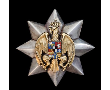 *Romania, Civil Guard Badge, First Class breast star, by Heinrich Weiss, Bucharest, in silver, with gilt and enamelled centre