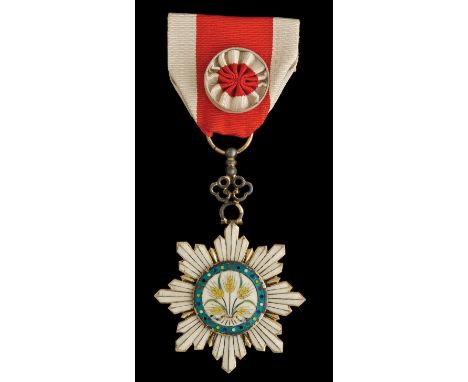 *China, Order of the Golden Grain, Fourth Class breast badge, in silver-gilt and enamels, width 49mm, in lacquer case of issu