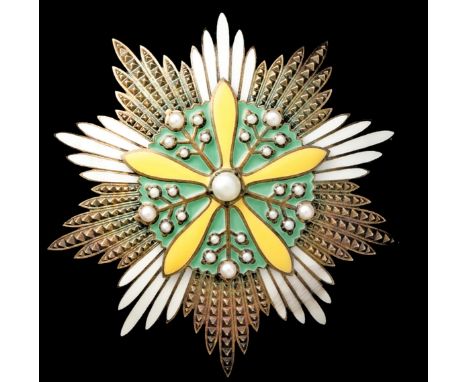 *Manchukuo, Grand Order of the Orchid Blossom, set of insignia, comprising sash badge, in silver-gilt and enamels, with centr