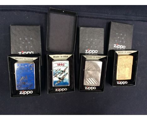 A group of four boxed contemporary Zippo lighters to commemorate Moon Landing July 20th 1969, Battle of Britain 1940, 80th An