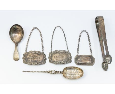 A collection of silver to include; a late Victorian silver anointing spoon, elaborate detailed bowl and handle, hallmarked by