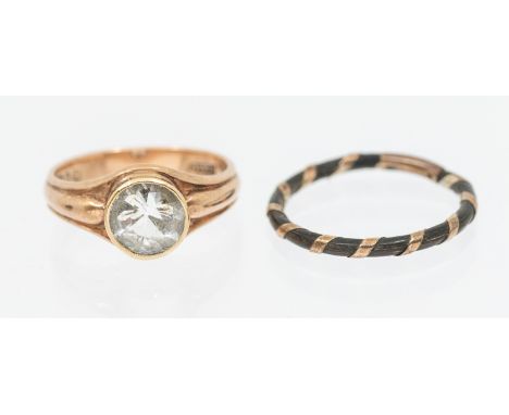 A 9ct rose gold stone set quartz ring and elephant hair ring in box.