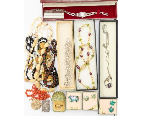 A collection of costume jewellery to include a 22ct gold band, size N1/2, weight approx 2.6gms and a three stone diamond set 