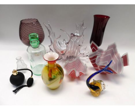 A quantity of glassware to include large 'splash' vases scent bottles , Uranium glass decanter , other galss decanters , vase