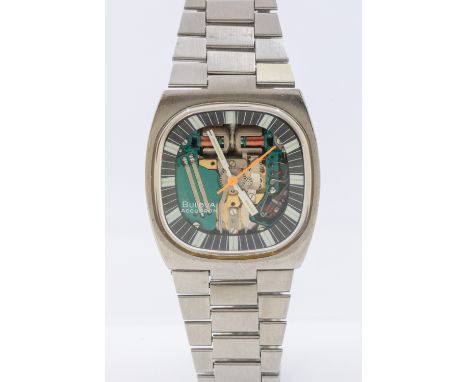 Bulova- a gentleman's steel jumbo case Bulova Accutron Spaceview wristwatch, circa 1970's comprising a cushion shaped exhibit