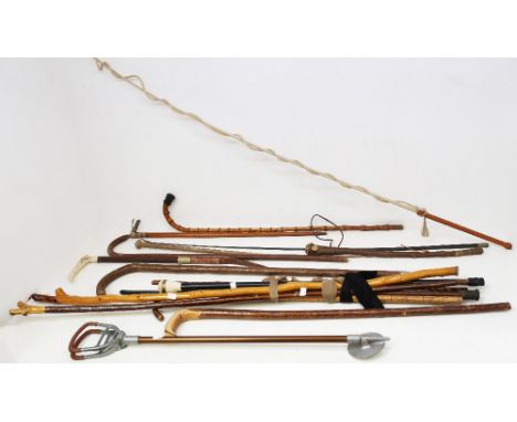 A collection of seventeen various walking sticks and riding crops of various designs, together with a shooting stick;&nbsp;
